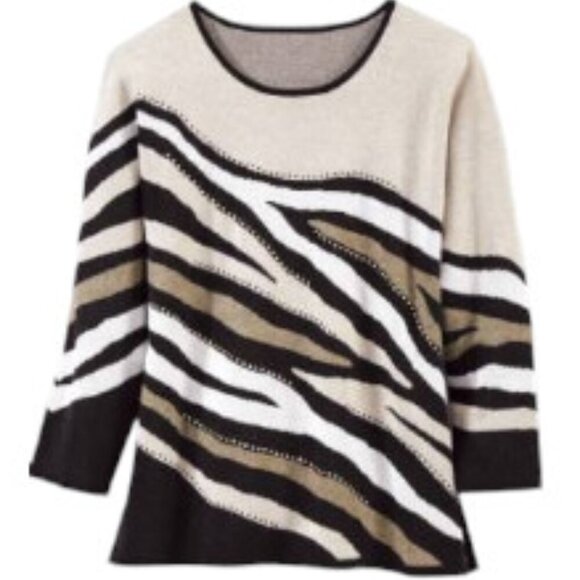 Alfred Dunner Jacquard Animal Jaguar Print Lightly Beaded Jewel Neckline Sweater - Picture 2 of 8